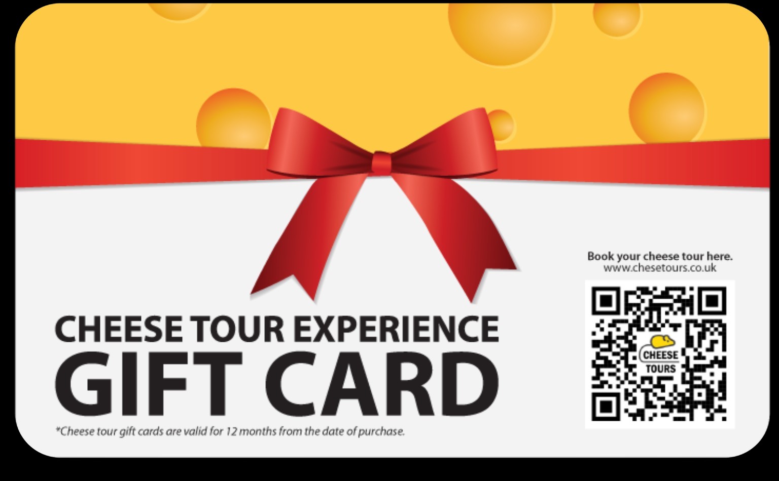 Cheese Tours gift card with a yellow top, red ribbon and booking QR code