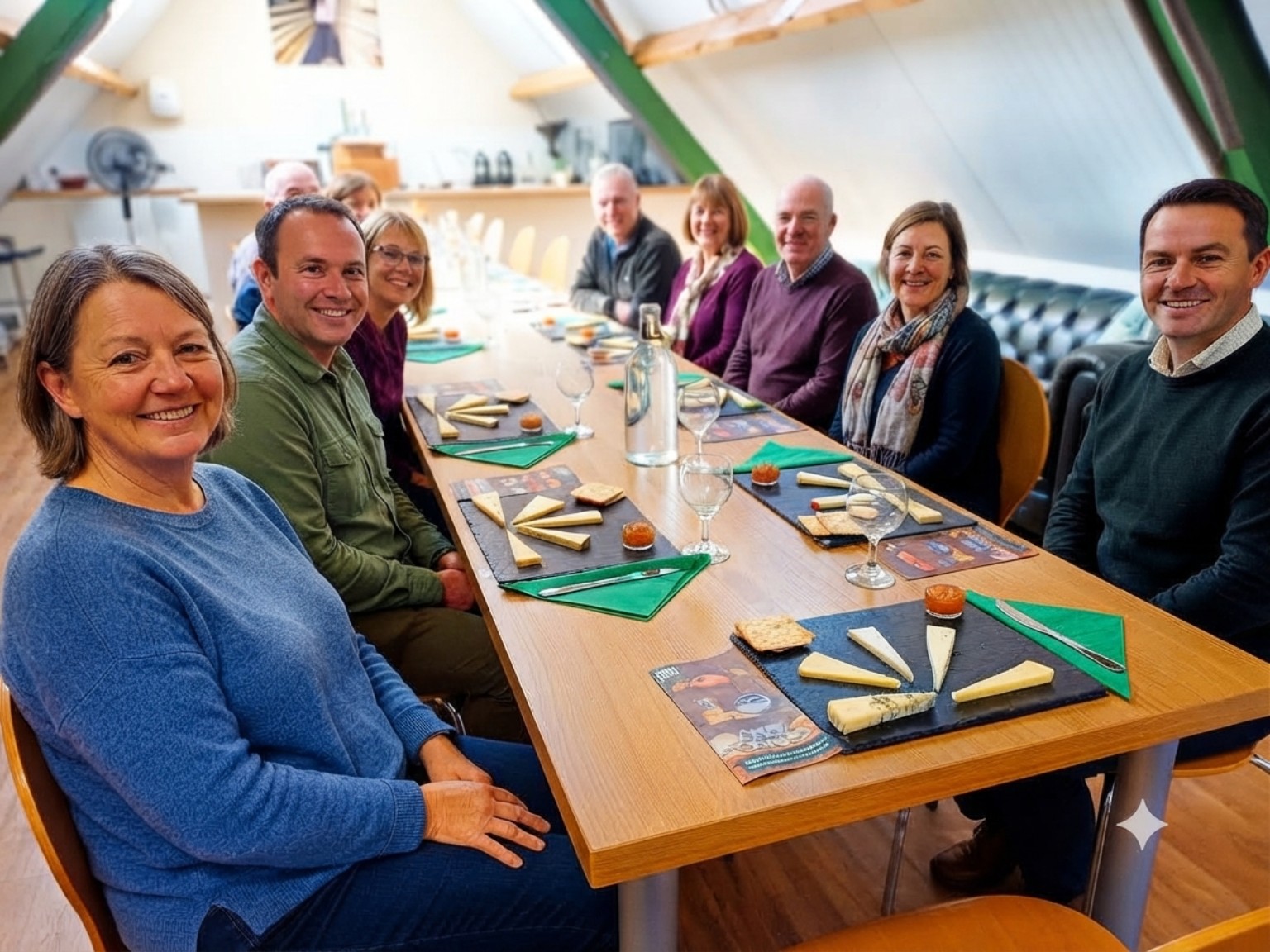 Adult guests sitting together around the table for a cheese tasting at High Weald Dairy